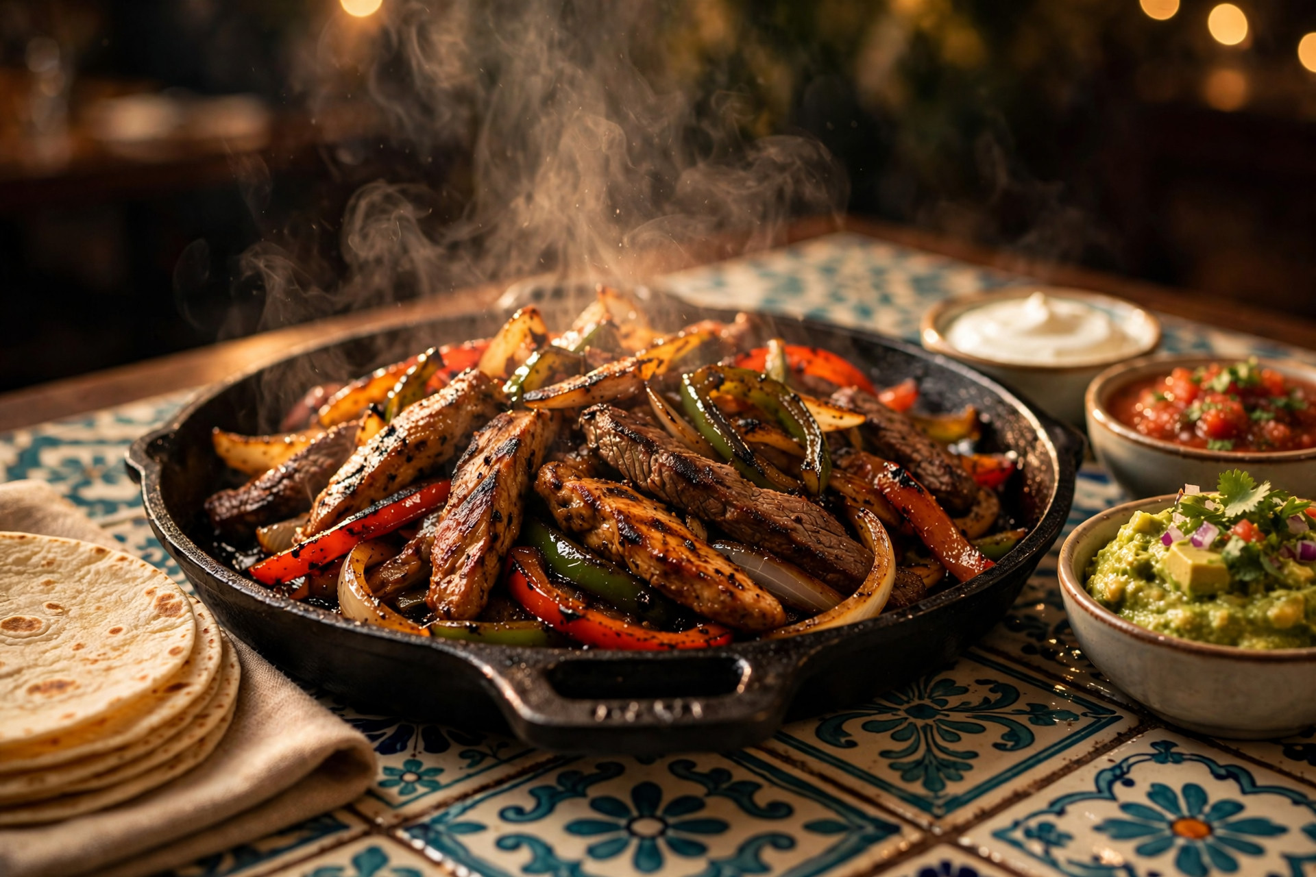 Chicken and beef fajitas sizzling in a cast-iron skillet with peppers and onions