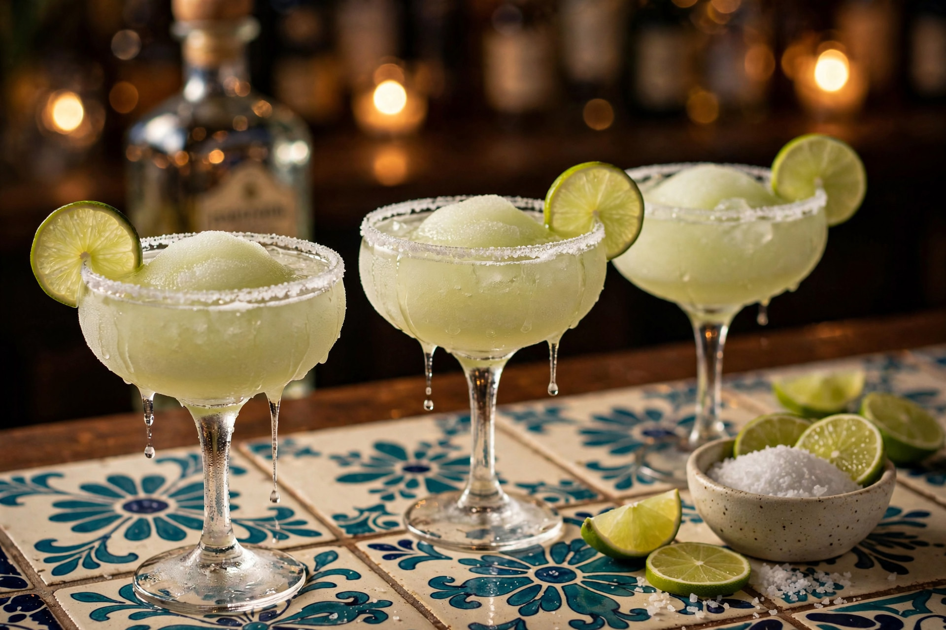 Three frozen margaritas with lime wheels on a painted tile bar top