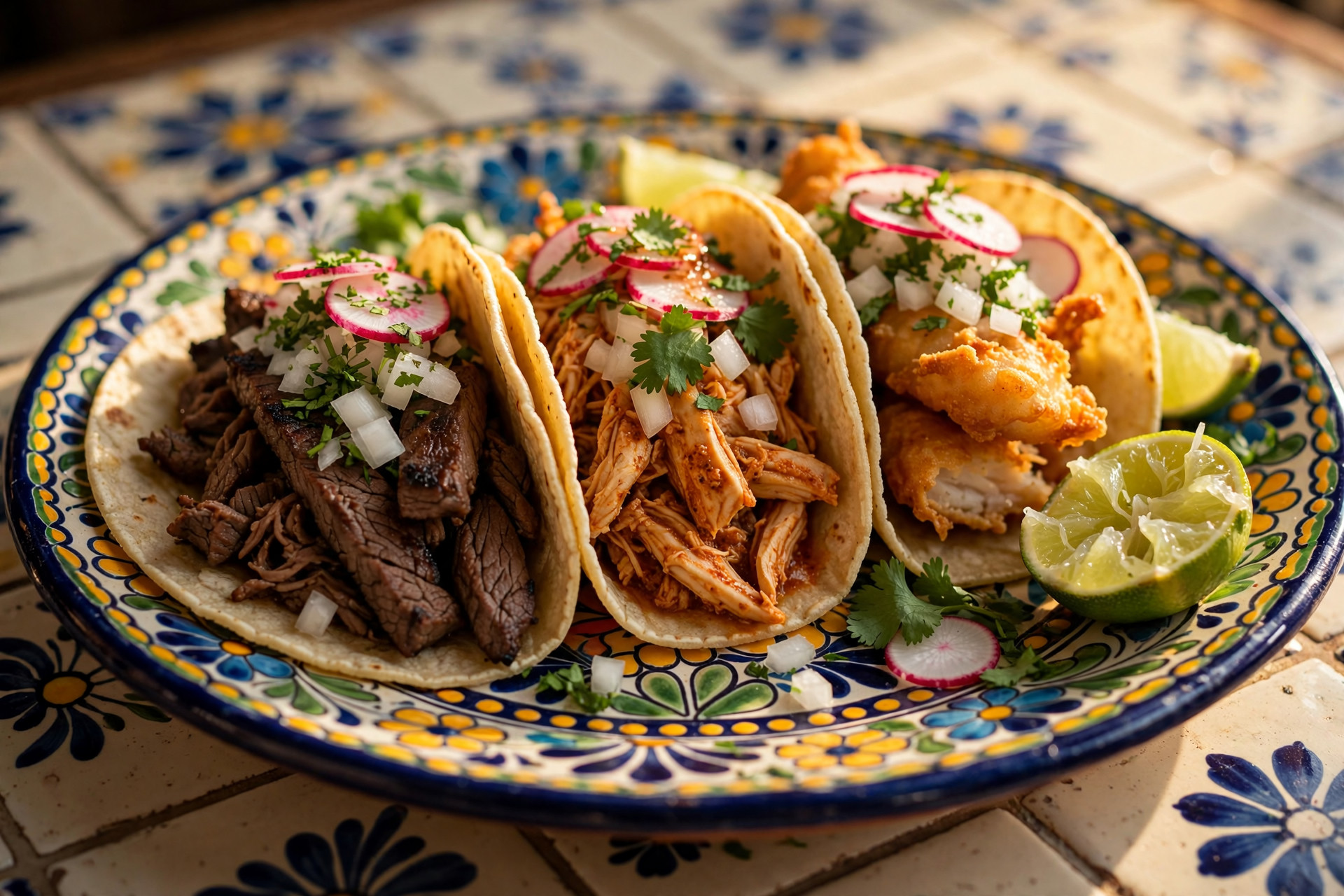 Three soft tacos filled with beef, chicken and prawn on a hand-painted plate