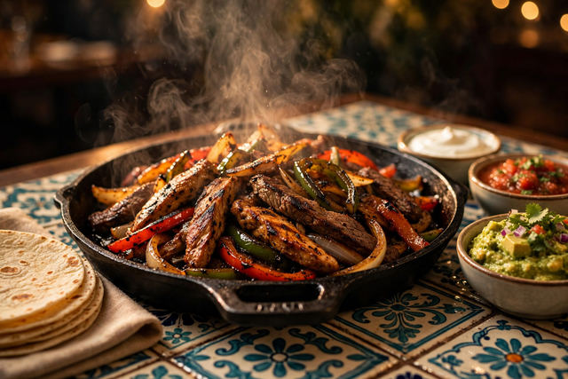 Fajitas with peppers and onions in a cast-iron skillet, with tortillas on the side