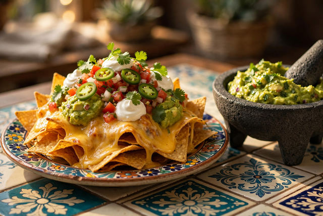 A loaded plate of nachos with melted cheese, jalapeños and guacamole