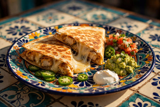Quesadilla wedges with melting cheese, guacamole and sour cream