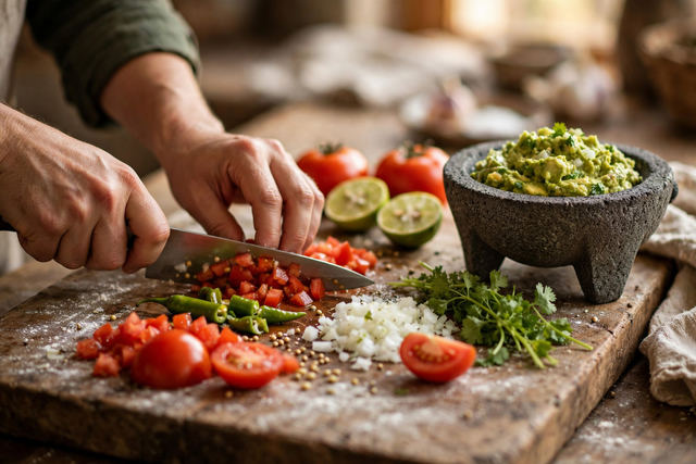 Hands chopping fresh tomatoes, chillies, onion and coriander for salsa on a wooden board