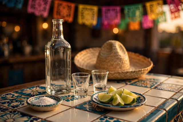 A tequila bottle with shot glasses, lime wedges and salt on a tiled bar top, sombrero behind